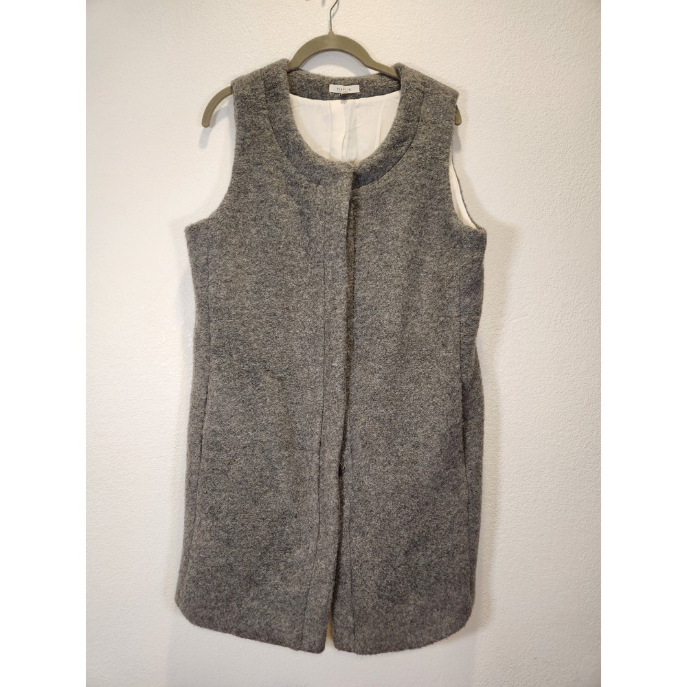 Pleione thick Wool Blend Long Vest Gray Sleeveless Snap Front‎ Jacket Womens S